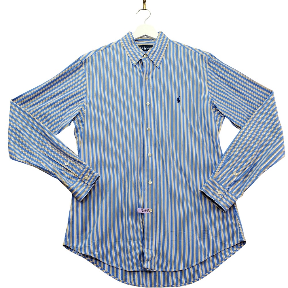 Ralph Lauren Dress Shirt Mens 15.5/39 Blue Yellow Striped Long Sleeve Preppy‎